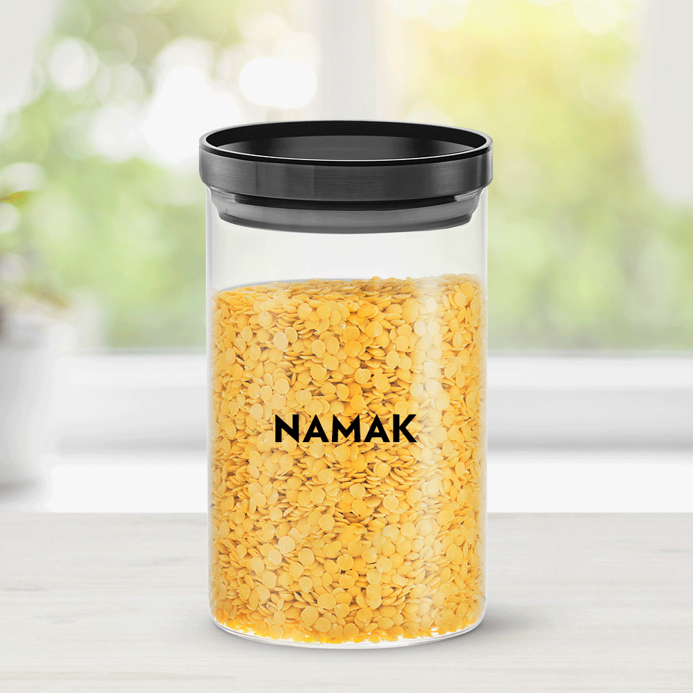 Pre-Printed Stack n Store Airtight Glass Jar with Black PP lid, Personalise