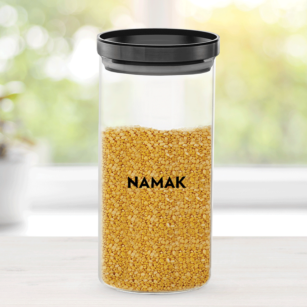 Pre-Printed Stack n Store Airtight Glass Jar with Black PP lid, Personalise