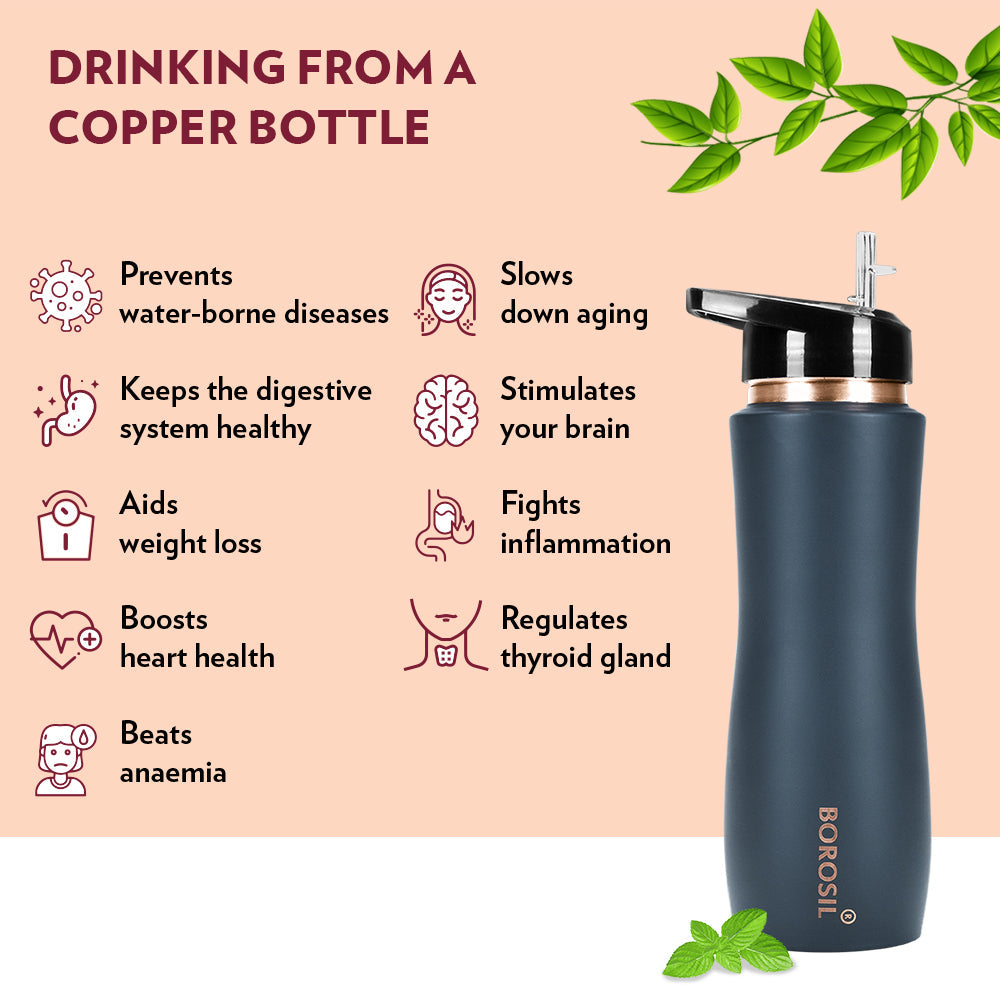 Pre-Printed Sipper Copper Bottle, Grey, 750ml, Personalised