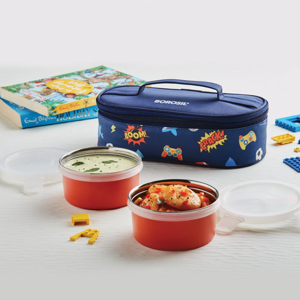 Refurbished/OLD Blaze Blue Kids Lunch Box, Round x 2 (Flat)