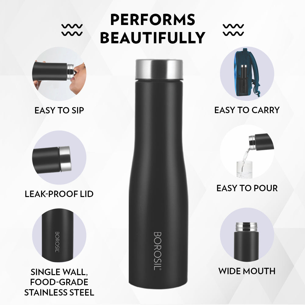 Pre-Printed Swan Stainless Steel Single Wall Bottle, Black, 1L